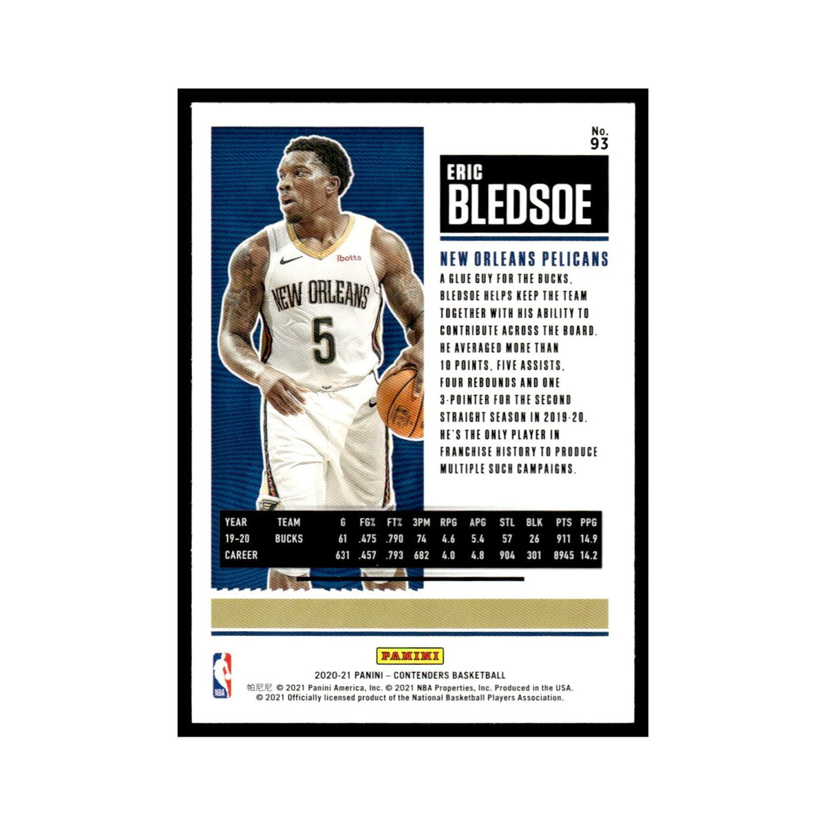 Eric Bledsoe 2020 Panini Contenders #93 New Orleans Pelicans Basketball Card NM