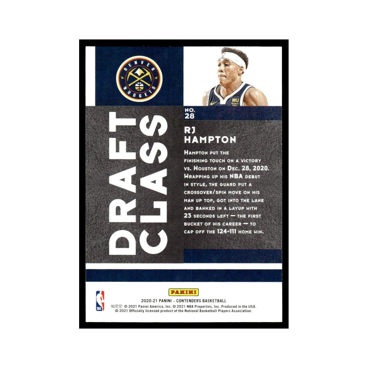 RJ Hampton 2020 Panini Contenders #28 Denver Nuggets Basketball Card NM