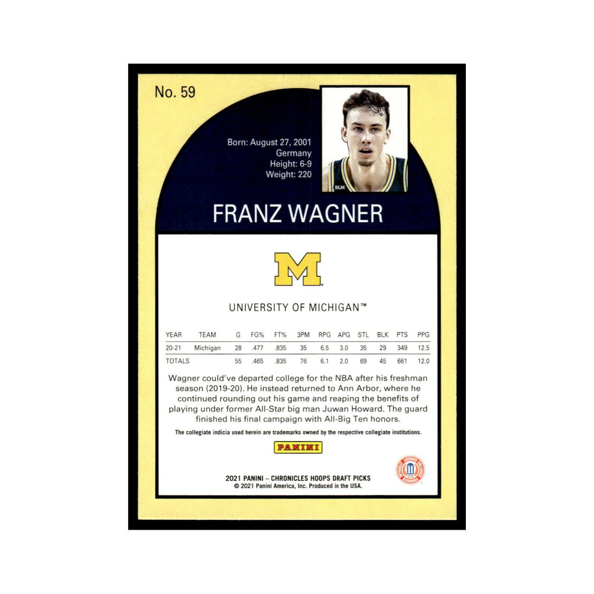 Franz Wagner 2021 Panini Chronicles Hoops Draft #59 Michigan Wolverines NM