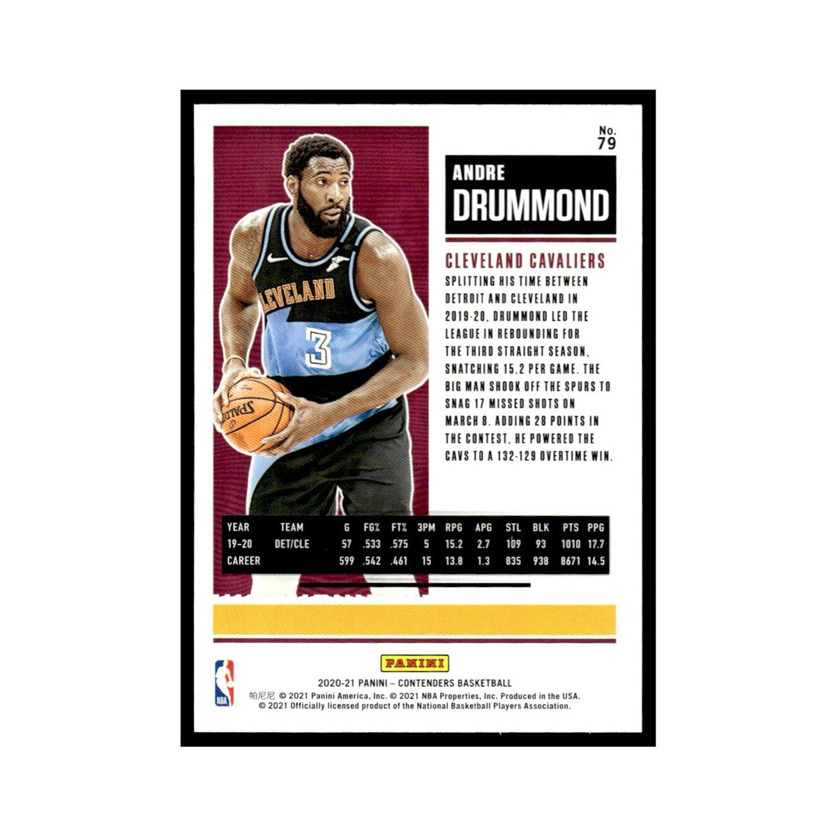 Andre Drummond 2020 Panini Contenders #79 Cleveland Cavaliers Basketball Card NM