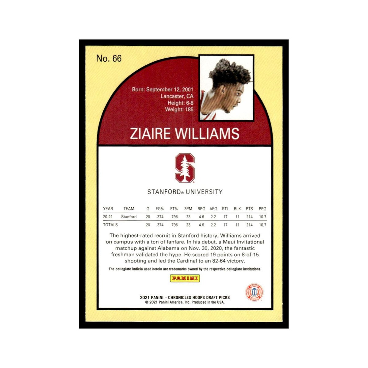 Ziaire Williams 2021 Panini Chronicles Hoops Draft #66 Stanford Cardinal NM