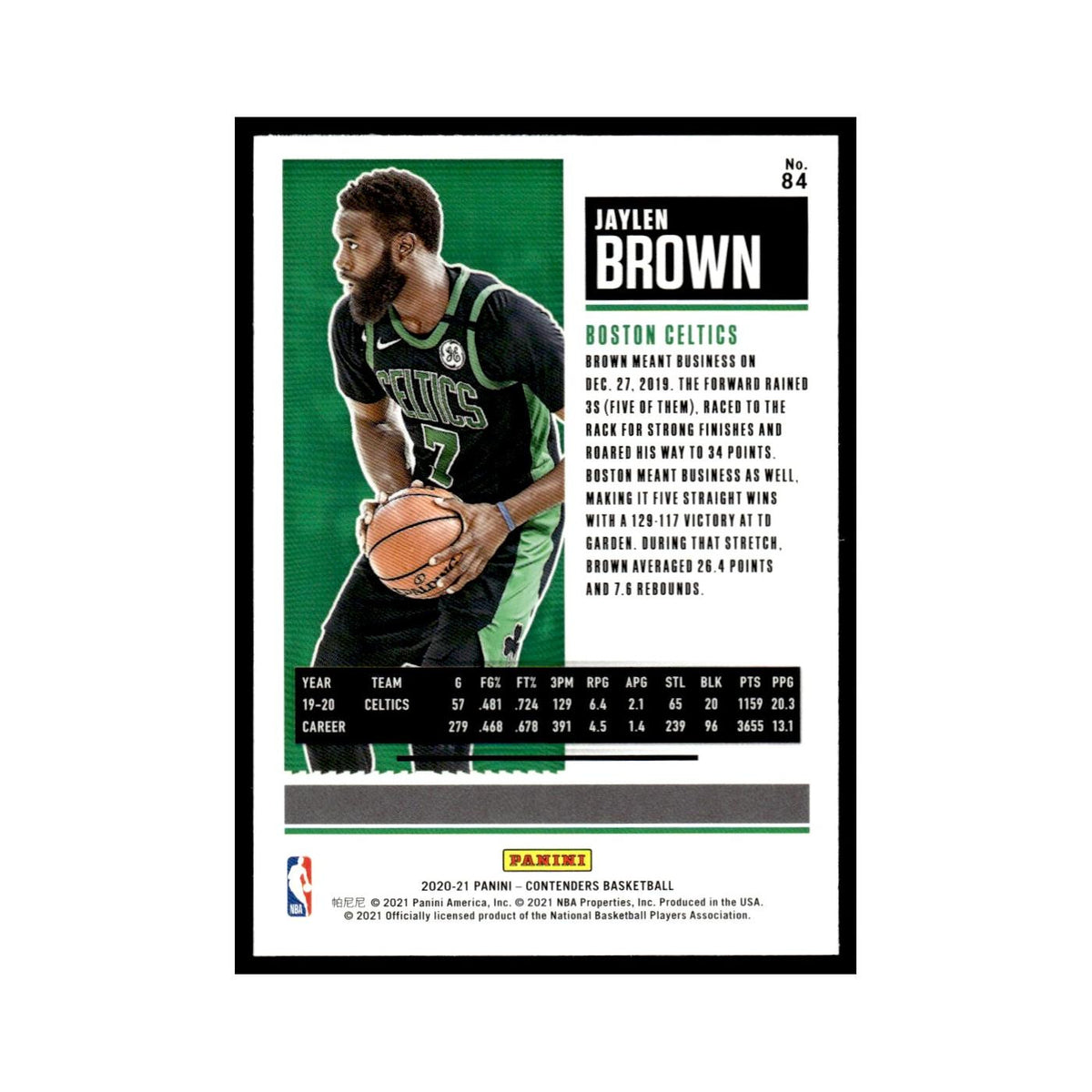 Jaylen Brown 2020 Panini Contenders #84 Boston Celtics Basketball Card NM