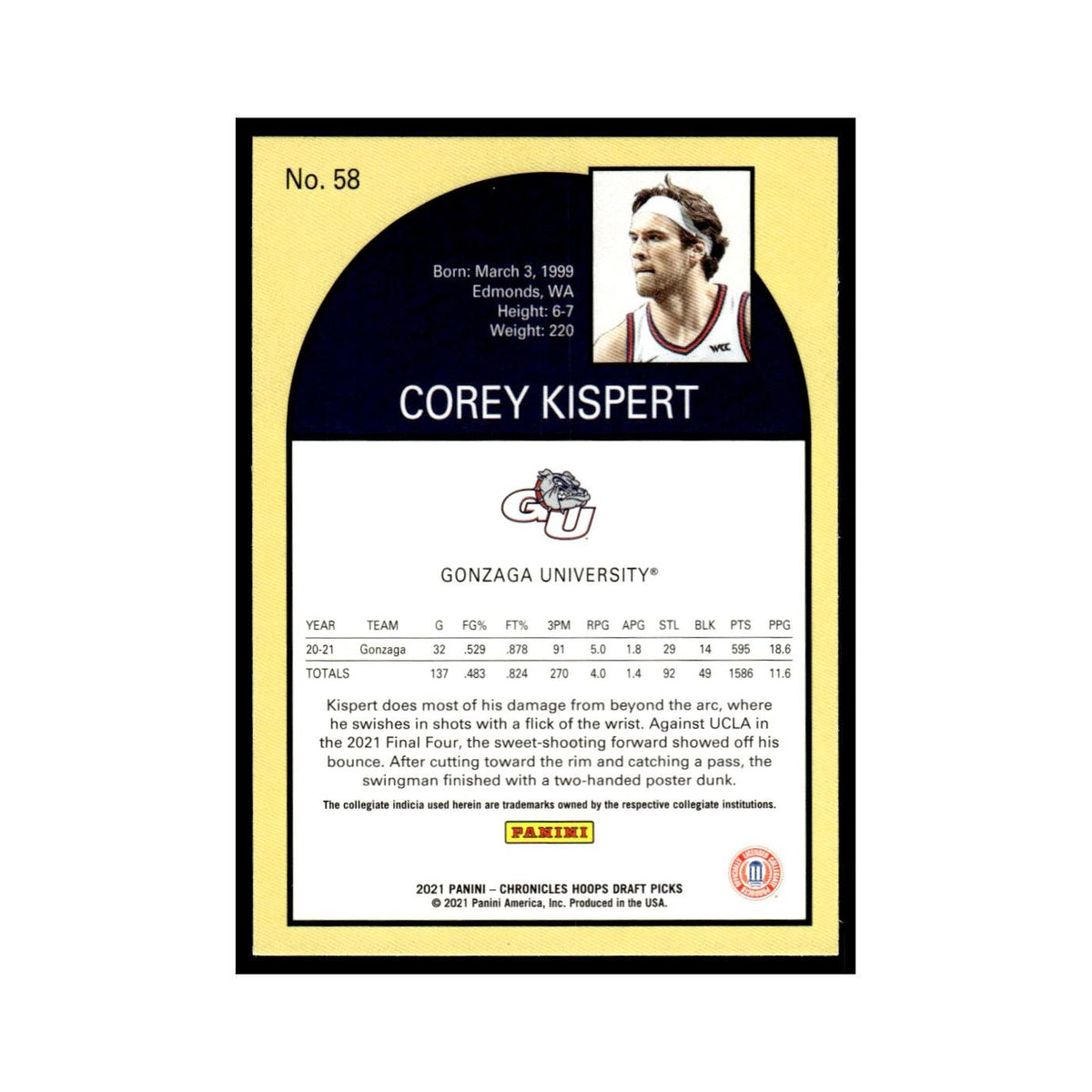 Corey Kispert 2021 Panini Chronicles Hoops Draft #58 Gonzaga Bulldogs NM