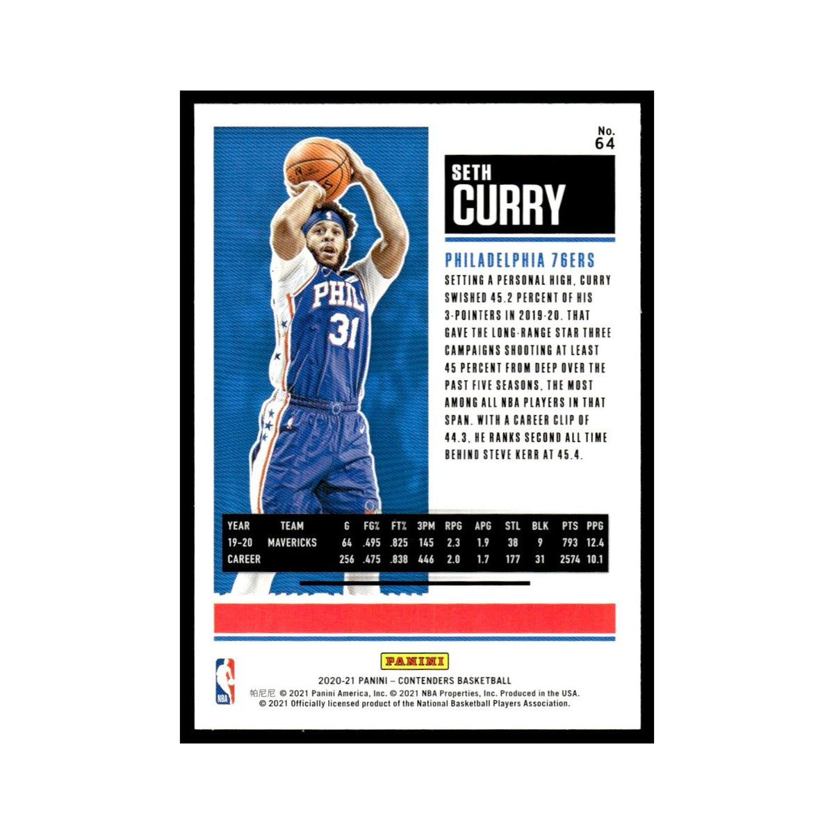 Seth Curry 2020 Panini Contenders #64 Philadelphia 76ers Basketball Card NM