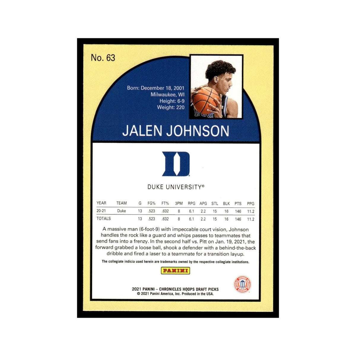 Jalen Johnson 2021 Panini Chronicles Hoops Draft #63 Duke Blue Devils NM