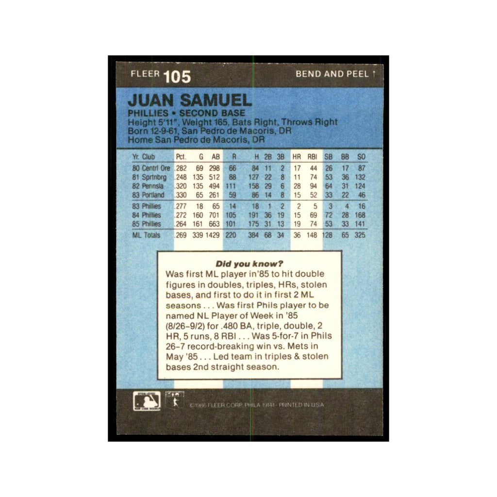 1986 Fleer Star Stickers Juan Samuel Baseball Cards #105