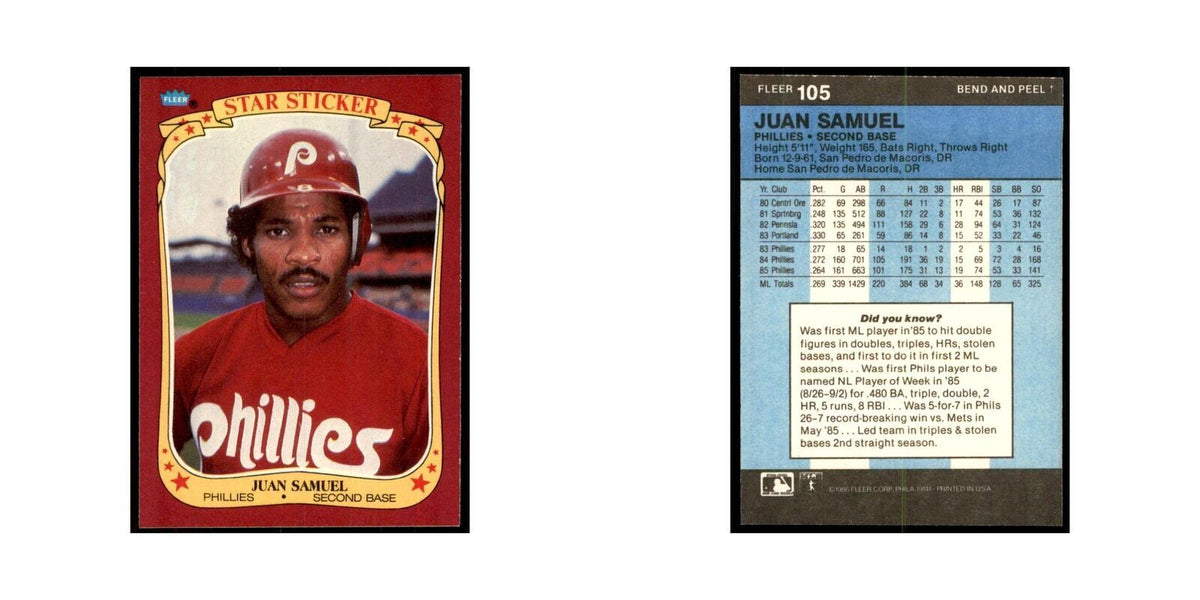 1986 Fleer Star Stickers Juan Samuel Baseball Cards #105