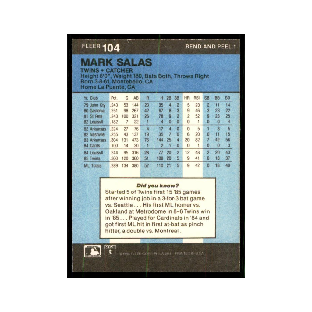 1986 Fleer Star Stickers Mark Salas Baseball Cards #104