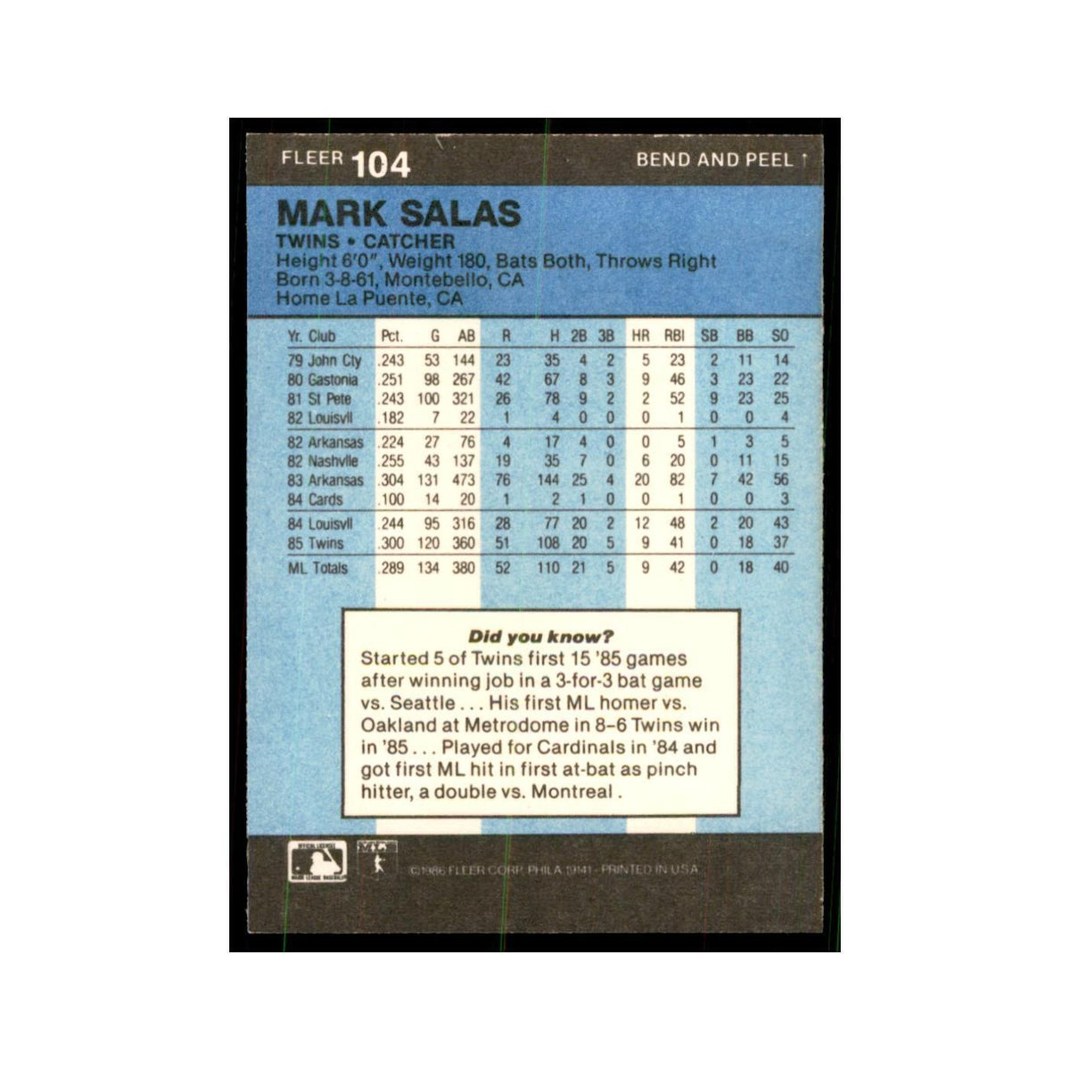 1986 Fleer Star Stickers Mark Salas Baseball Cards #104