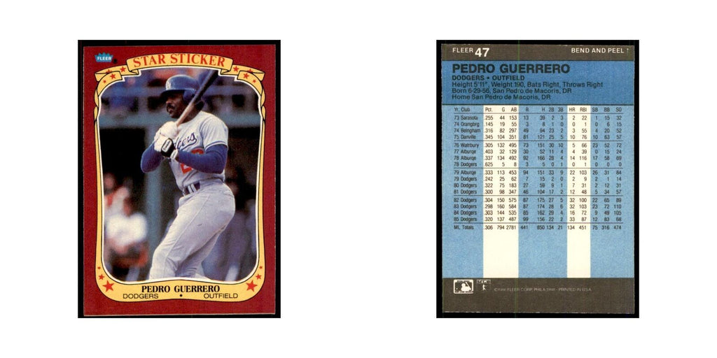 1986 Fleer Star Stickers Pedro Guerrero Baseball Cards #47
