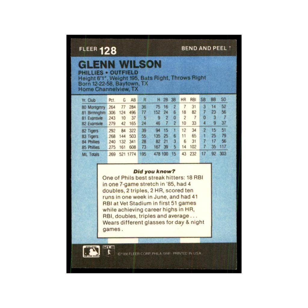 1986 Fleer Star Stickers Glenn Wilson Baseball Cards #128