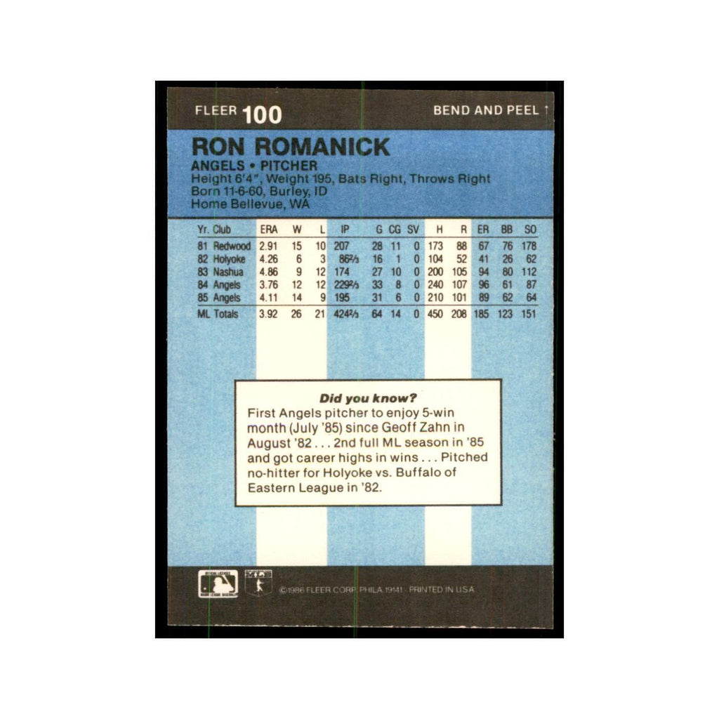1986 Fleer Star Stickers Ron Romanick Baseball Cards #100