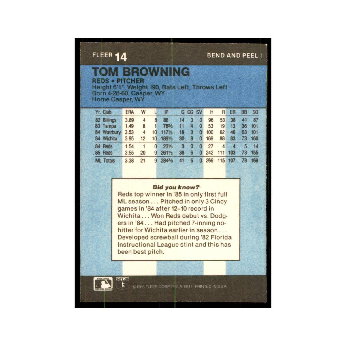 1986 Fleer Star Stickers Tom Browning Baseball Cards #14