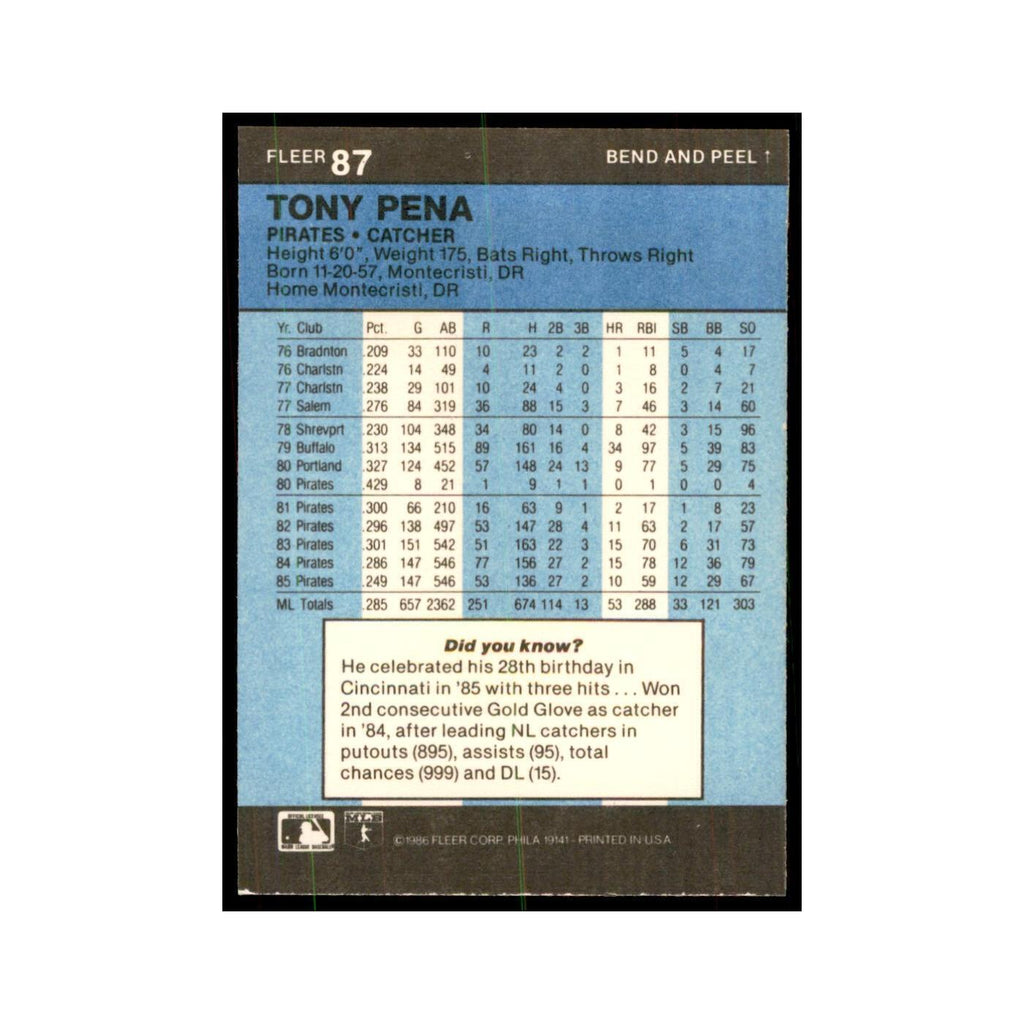 1986 Fleer Star Stickers Tony Pena Baseball Cards #87