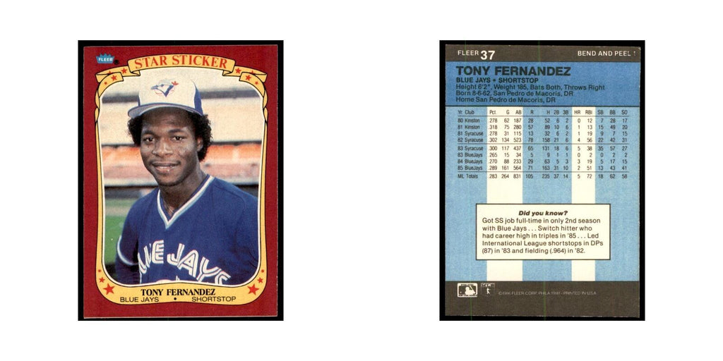 1986 Fleer Star Stickers Tony Fernandez Baseball Cards #37