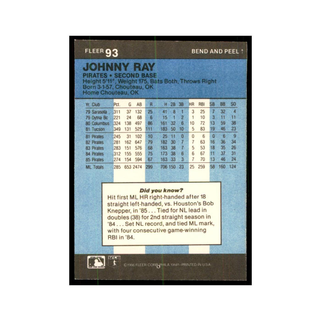 1986 Fleer Star Stickers Johnny Ray Baseball Cards #93