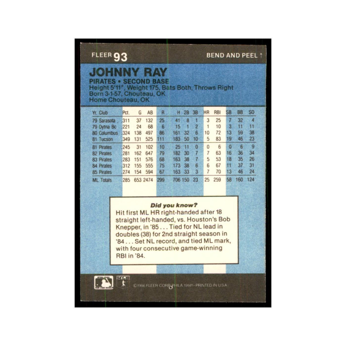 1986 Fleer Star Stickers Johnny Ray Baseball Cards #93