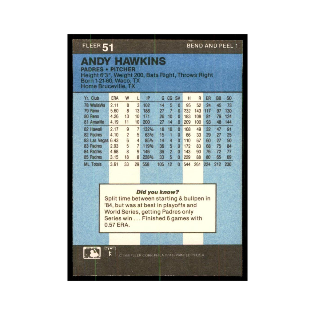 1986 Fleer Star Stickers Andy Hawkins Baseball Cards #51