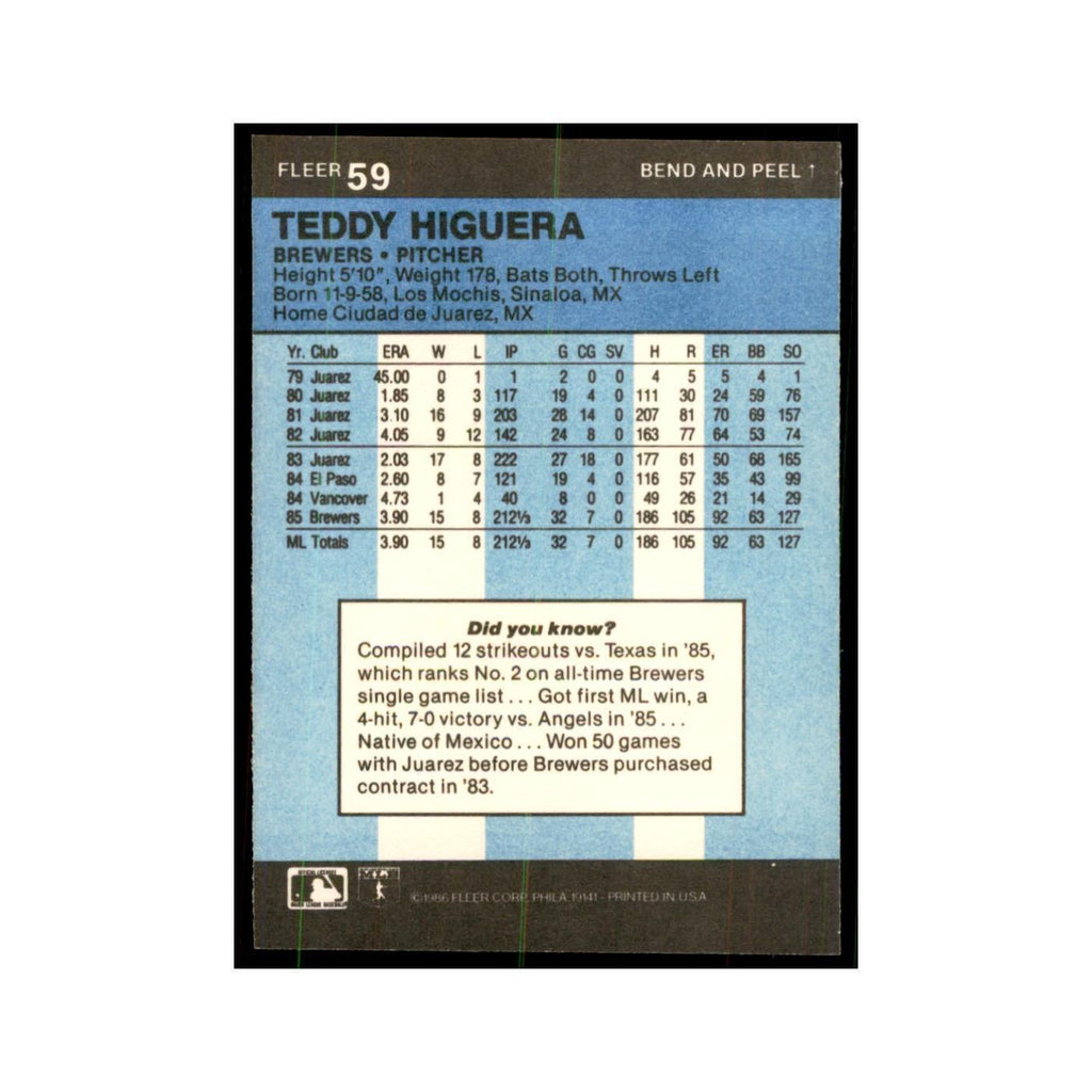 1986 Fleer Star Stickers Teddy Higuera Baseball Cards #59
