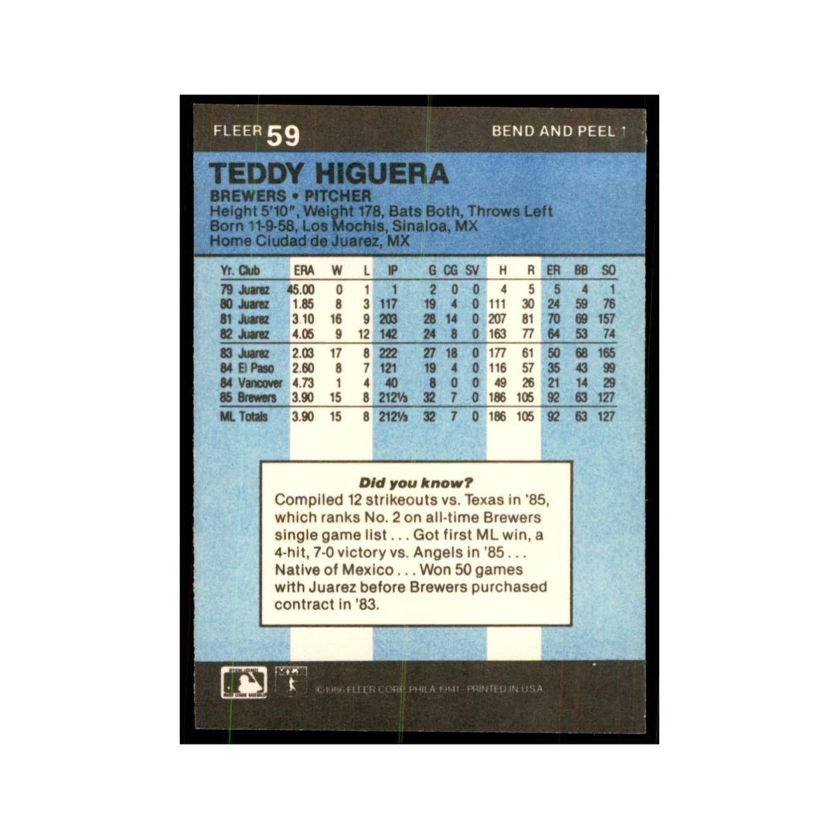1986 Fleer Star Stickers Teddy Higuera Baseball Cards #59