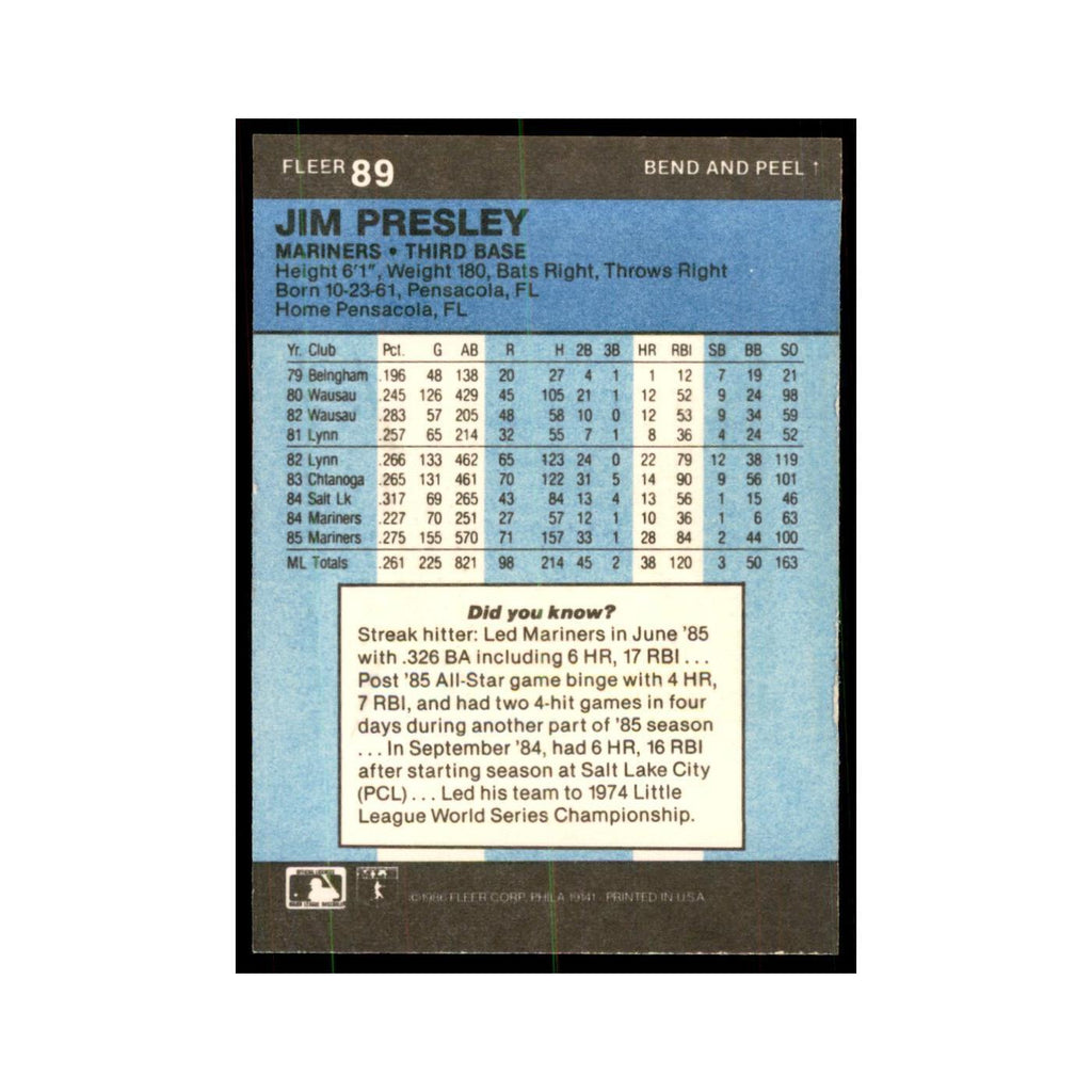 1986 Fleer Star Stickers Jim Presley Baseball Cards #89