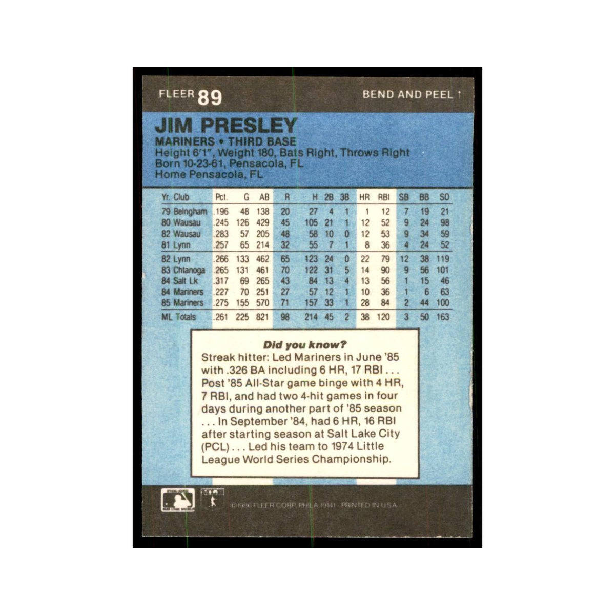 1986 Fleer Star Stickers Jim Presley Baseball Cards #89