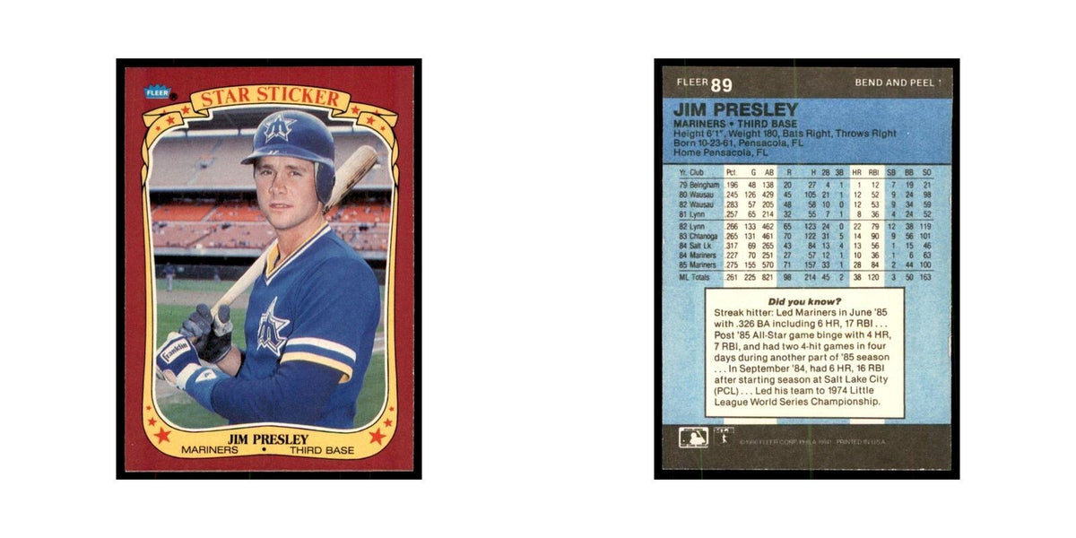1986 Fleer Star Stickers Jim Presley Baseball Cards #89