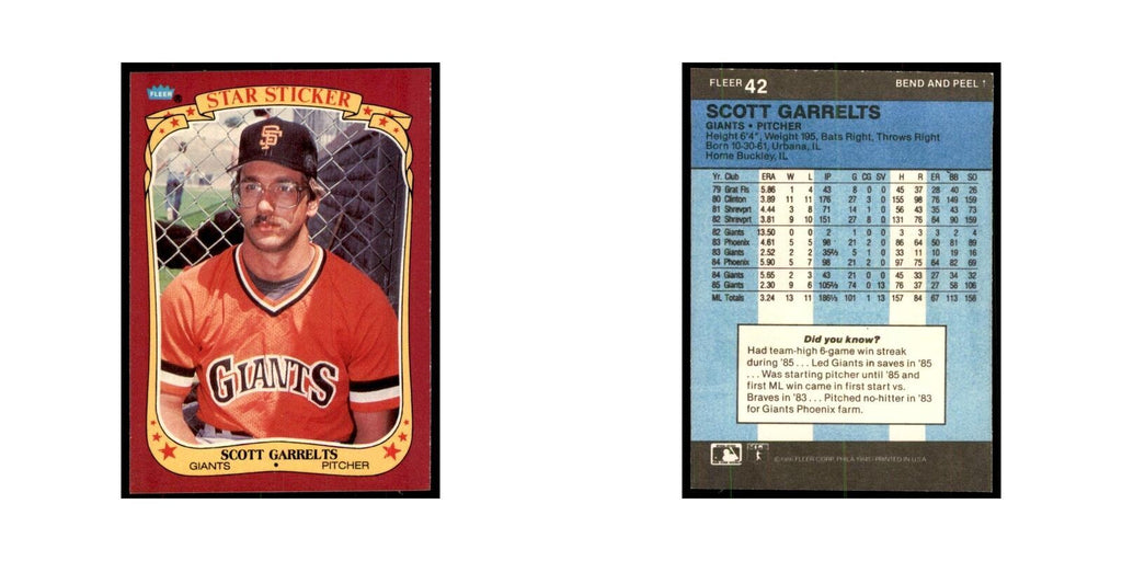 1986 Fleer Star Stickers Scott Garrelts Baseball Cards #42