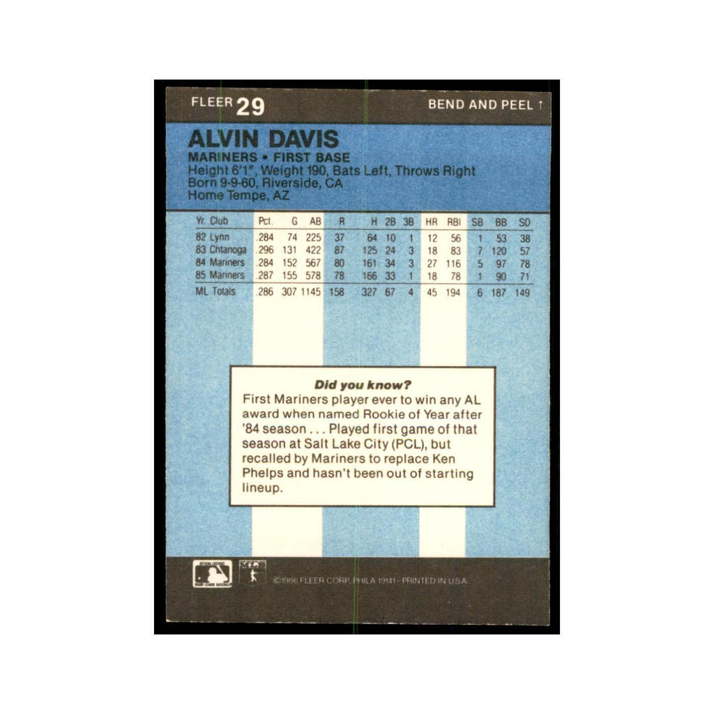 1986 Fleer Star Stickers Alvin Davis Baseball Cards #29