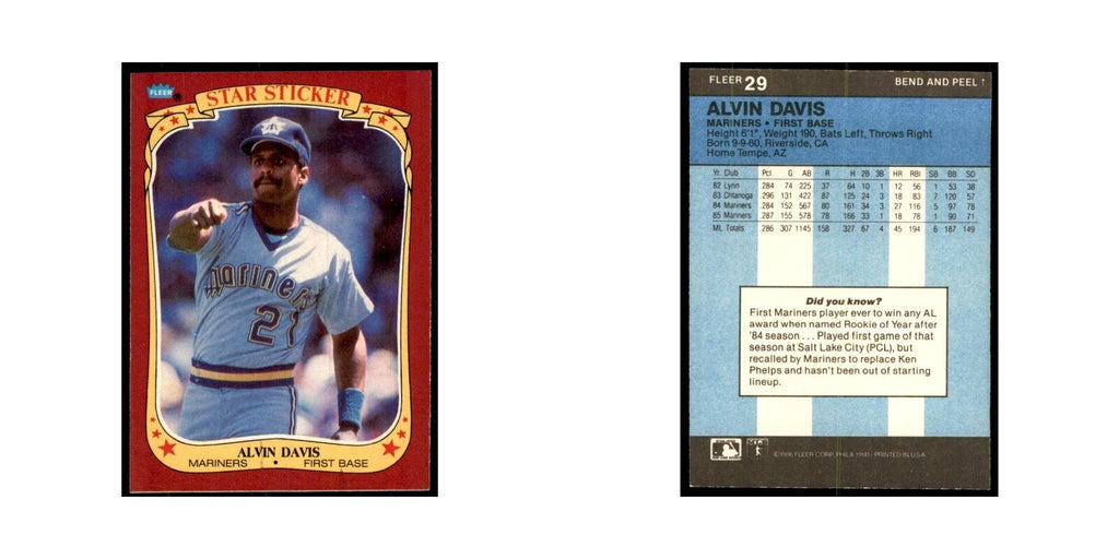1986 Fleer Star Stickers Alvin Davis Baseball Cards #29