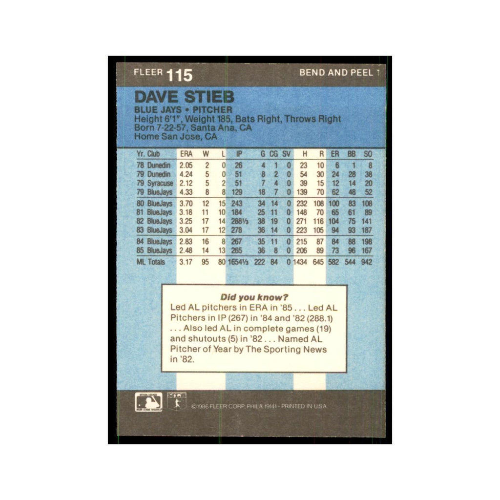 1986 Fleer Star Stickers Dave Stieb Baseball Cards #115
