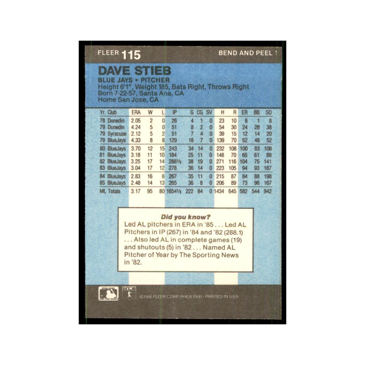 1986 Fleer Star Stickers Dave Stieb Baseball Cards #115