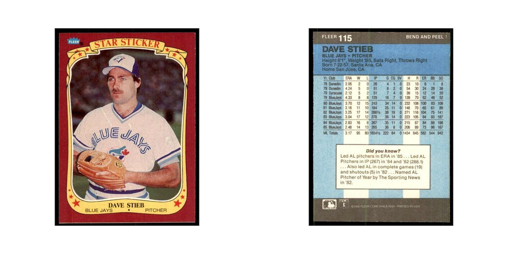 1986 Fleer Star Stickers Dave Stieb Baseball Cards #115