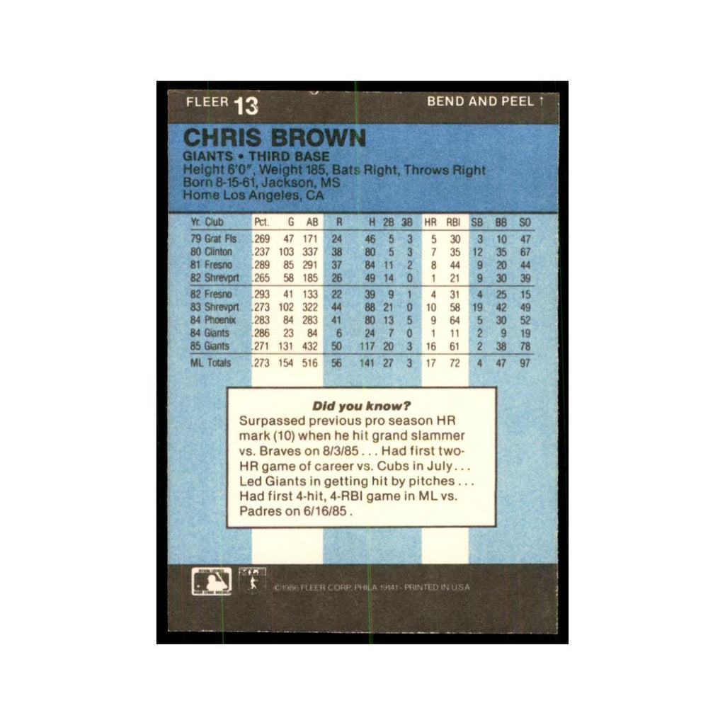 1986 Fleer Star Stickers Chris Brown Baseball Cards #13