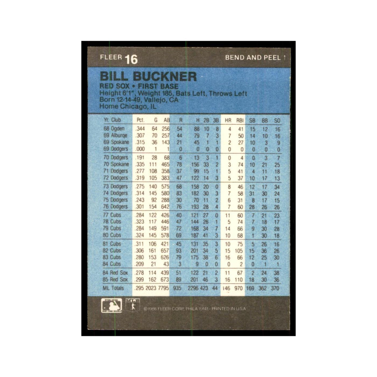 1986 Fleer Star Stickers Bill Buckner Baseball Cards #16