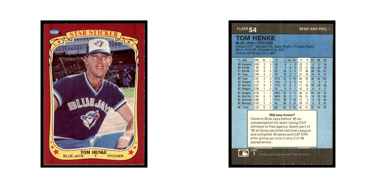 1986 Fleer Star Stickers Tom Henke Baseball Cards #54