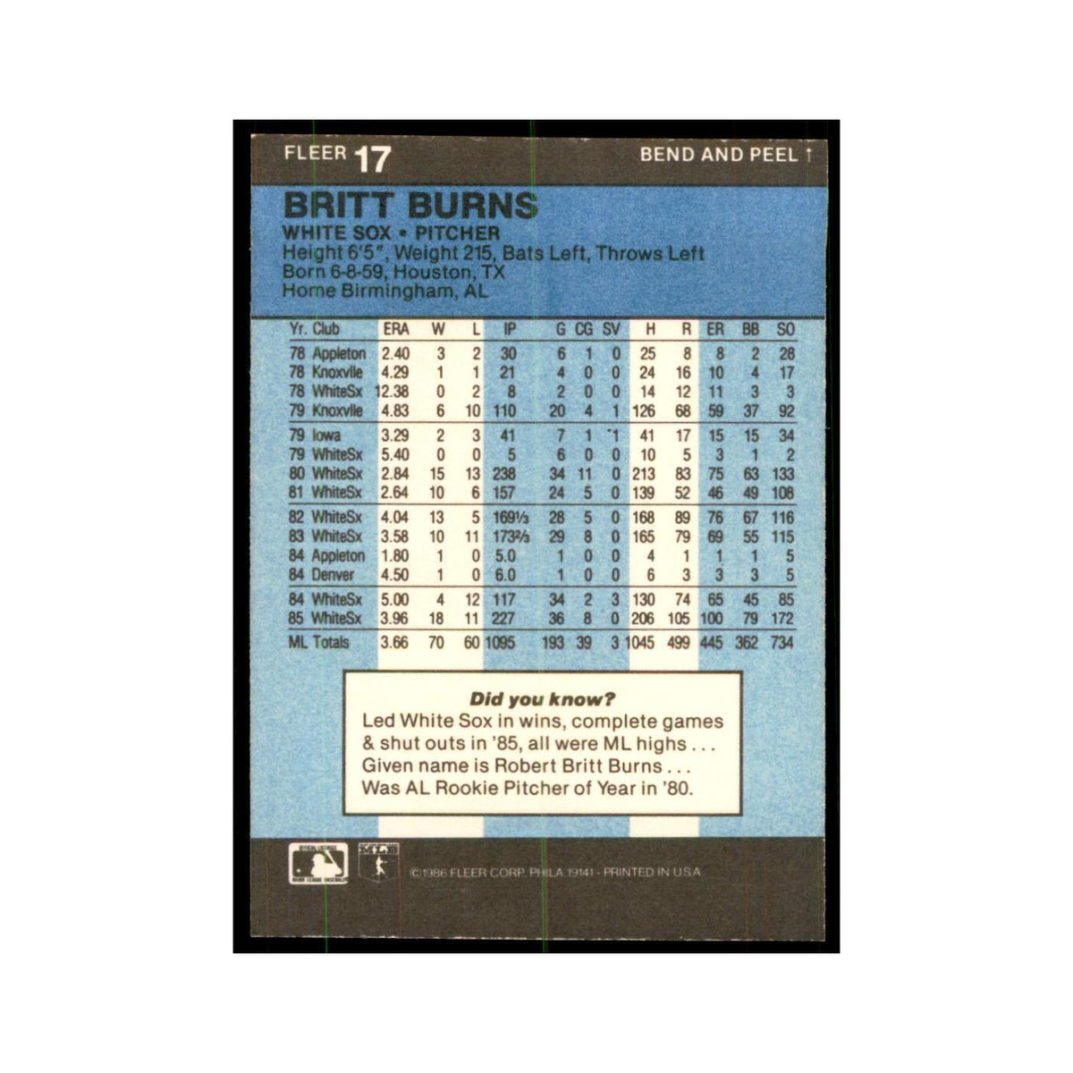 1986 Fleer Star Stickers Britt Burns Baseball Cards #17