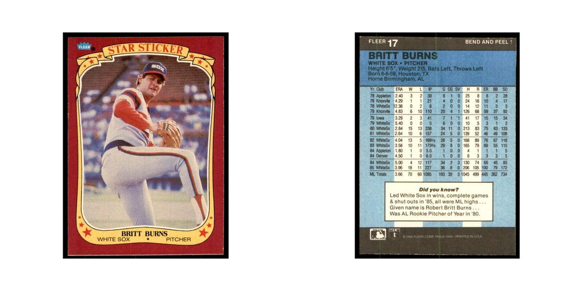 1986 Fleer Star Stickers Britt Burns Baseball Cards #17