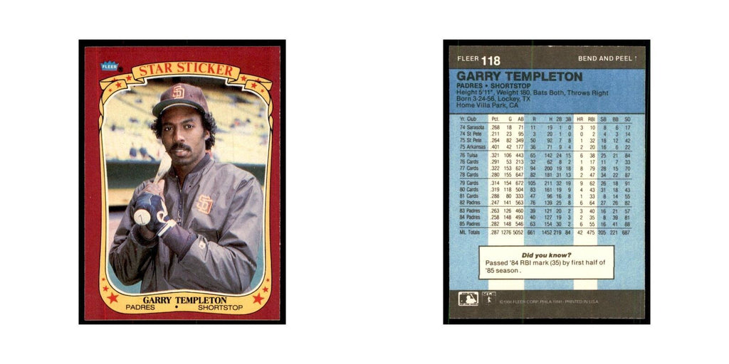 1986 Fleer Star Stickers Garry Templeton Baseball Cards #118