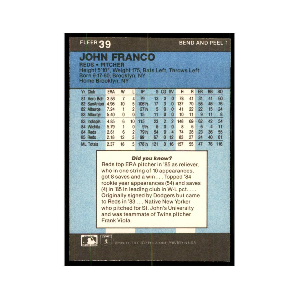 1986 Fleer Star Stickers John Franco Baseball Cards #39