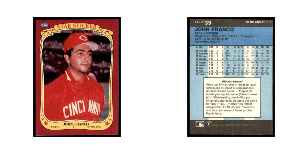 1986 Fleer Star Stickers John Franco Baseball Cards #39