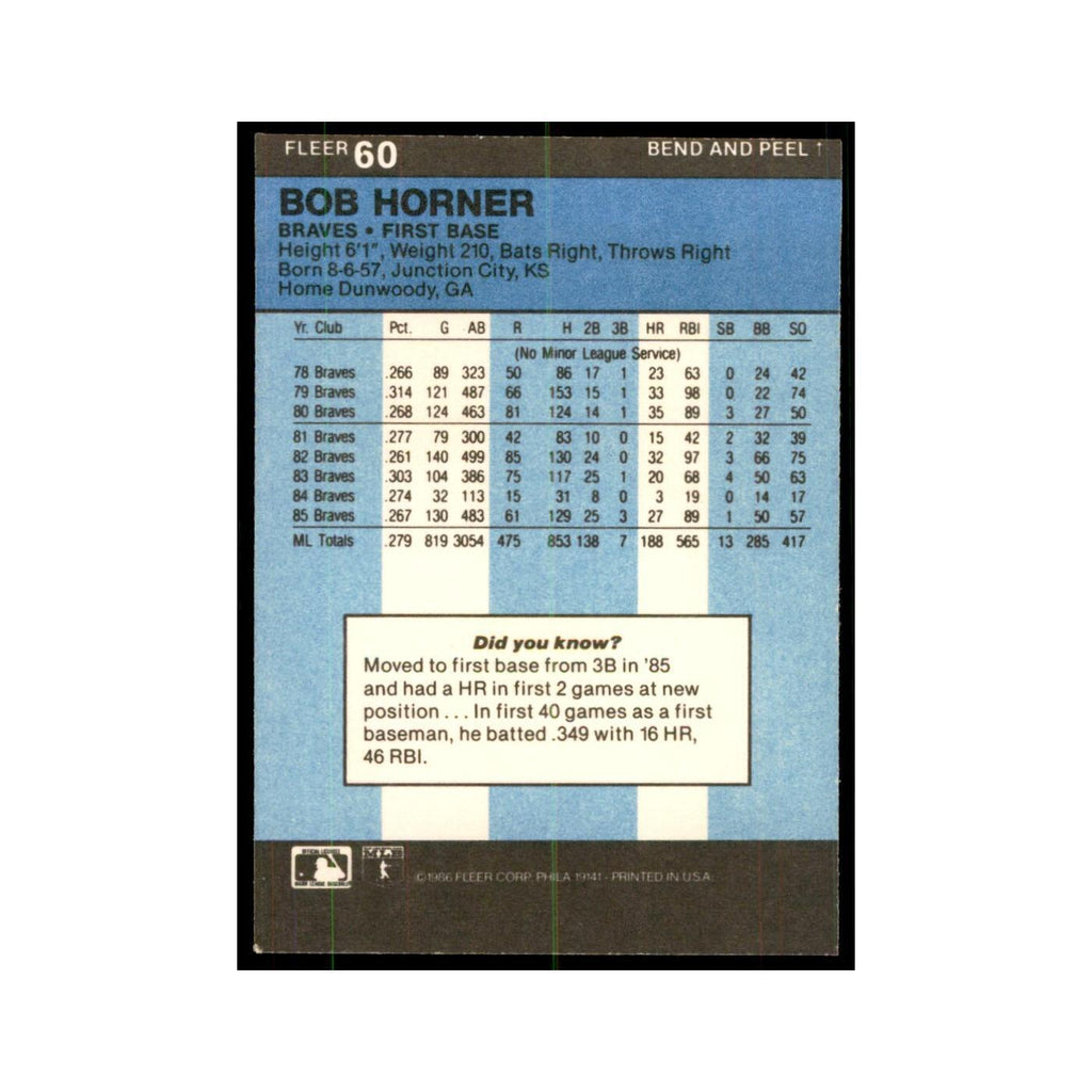 1986 Fleer Star Stickers Bob Horner Baseball Cards #60