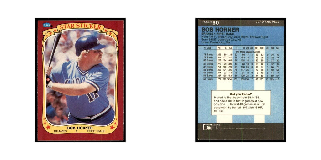 1986 Fleer Star Stickers Bob Horner Baseball Cards #60