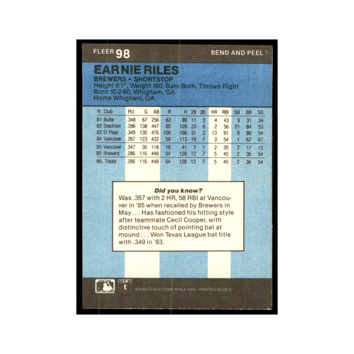 1986 Fleer Star Stickers Earnie Riles Baseball Cards #98