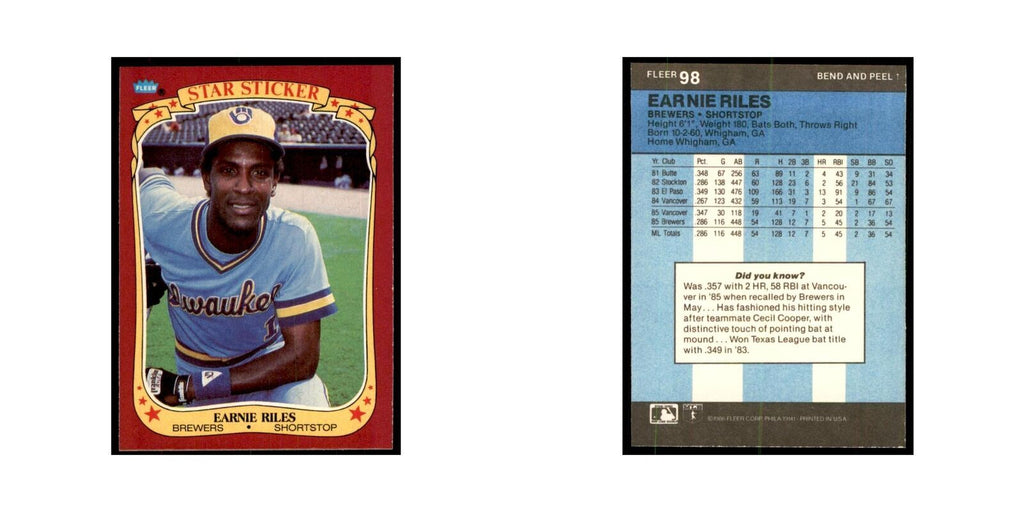 1986 Fleer Star Stickers Earnie Riles Baseball Cards #98
