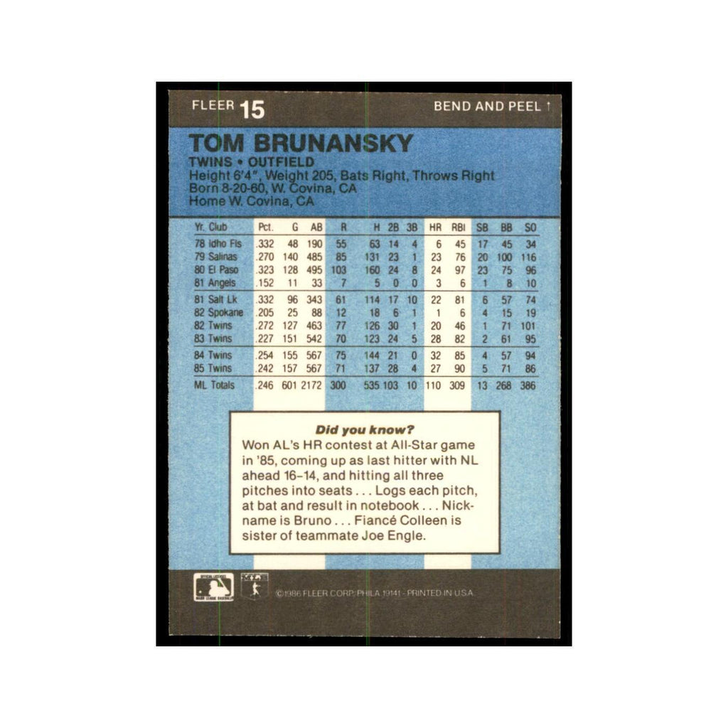 1986 Fleer Star Stickers Tom Brunansky Baseball Cards #15