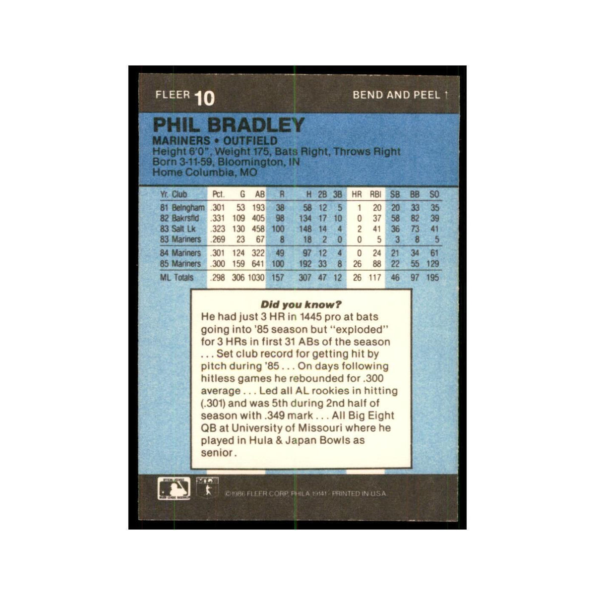 1986 Fleer Star Stickers Phil Bradley Baseball Cards #10