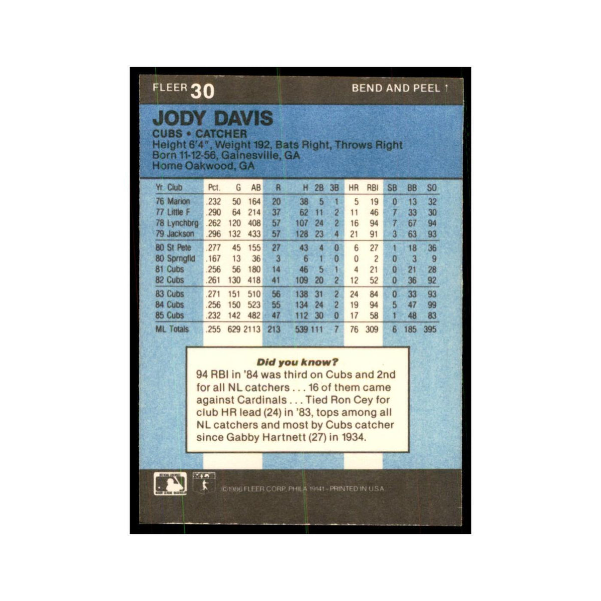 1986 Fleer Star Stickers Jody Davis Baseball Cards #30