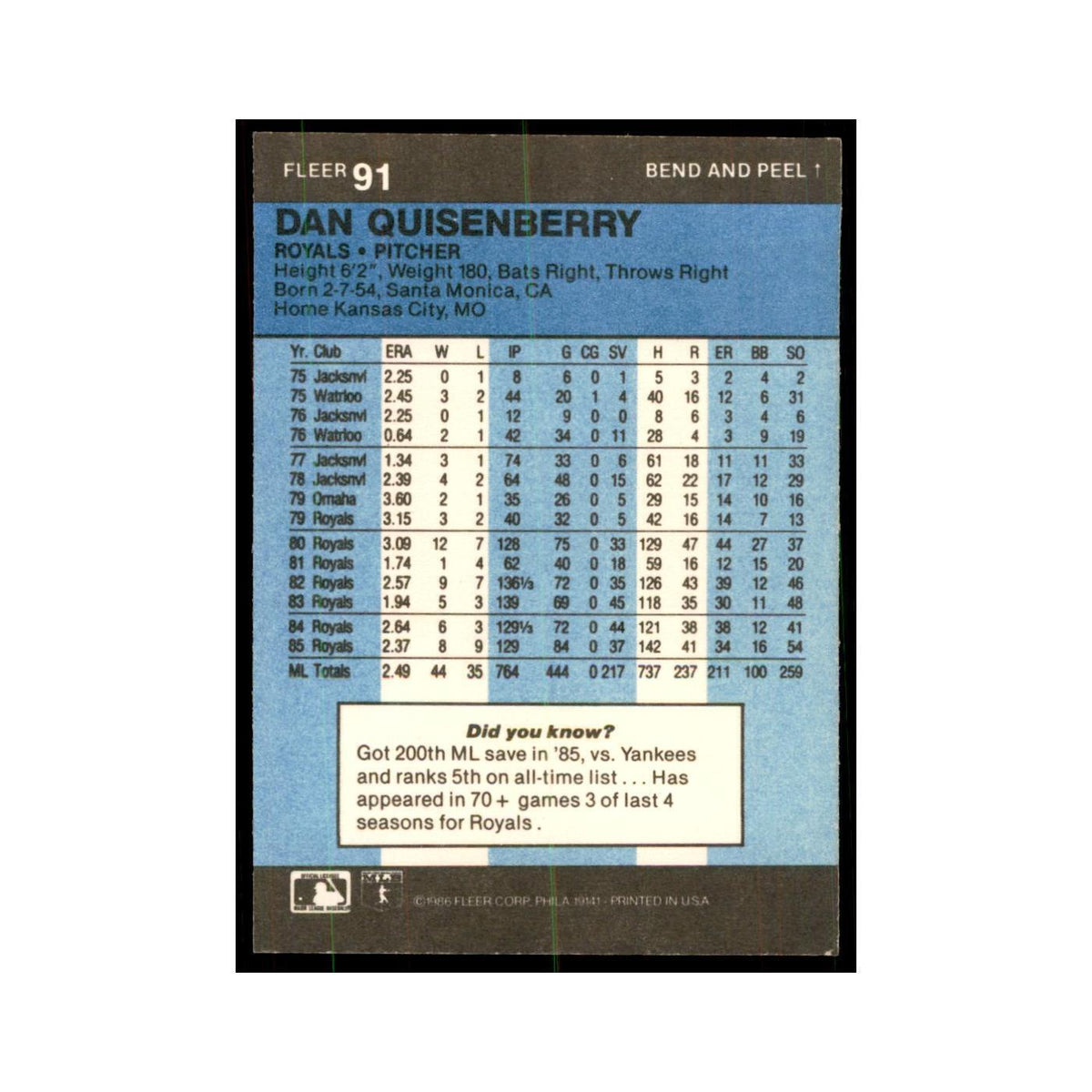 1986 Fleer Star Stickers Dan Quisenberry Baseball Cards #91