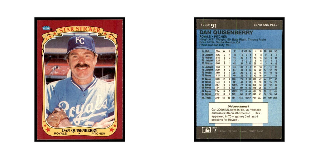 1986 Fleer Star Stickers Dan Quisenberry Baseball Cards #91